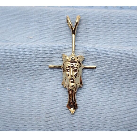 Unique 14K Solid Yellow Gold Designer Religious Jesus Head Cross